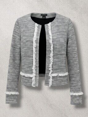 Club Monaco Grey Tweed Fringe Accent Blazer Jacket XS